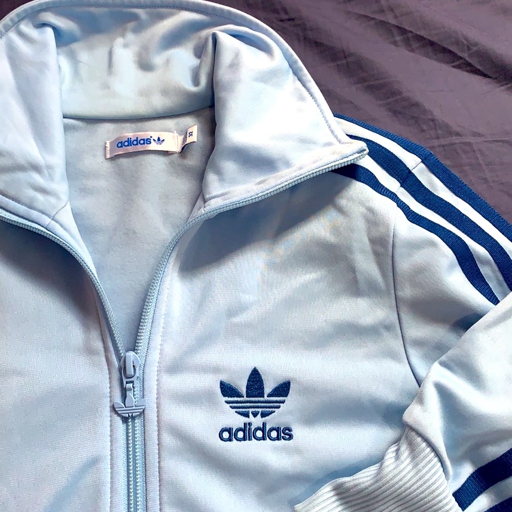 Adidas sweat jacket light blue and dark blue with adidas logo on the back